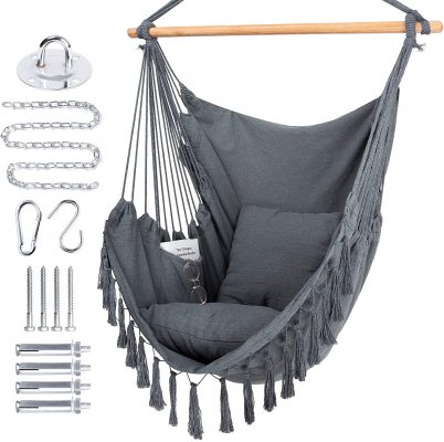 WBHome Hammock Chair Swing with Hanging Hardware Kit- Grey, Cotton Canvas, Include Carry Bag & Two Seat Cushions, for Indoor Outdoor, Max. Weight 330 Lbs